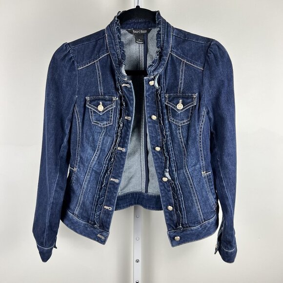 White House Black Market Denim Jacket W/ Ruffled Trim & Silver Buttons Size 4 - Picture 1 of 9